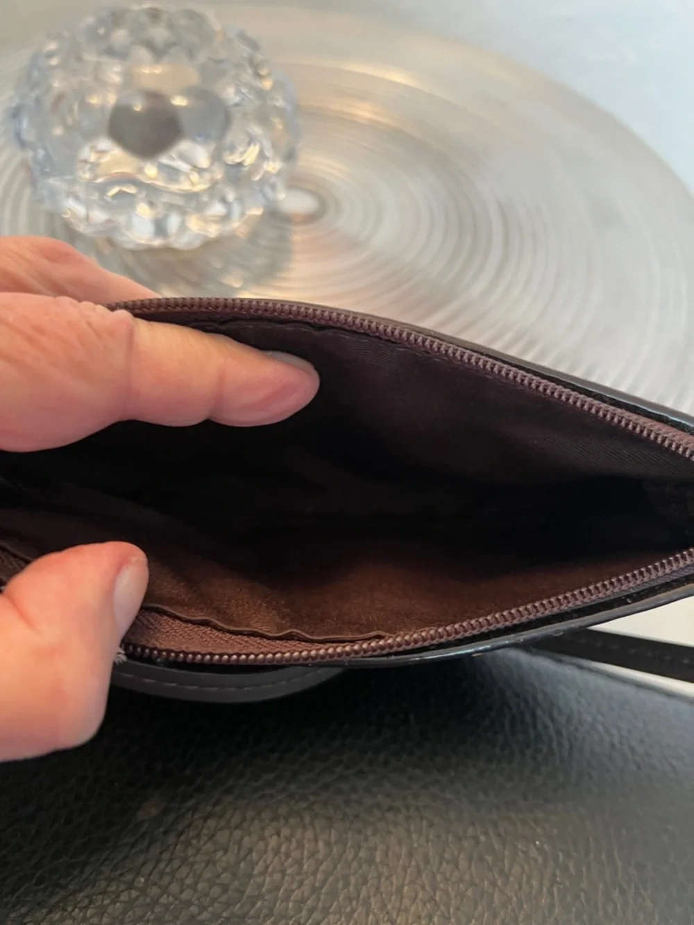 COACH EUC BROWN with BLACK PATENT WRISTLET